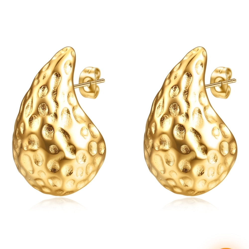 Gold Textured Teardrop Stud Earrings - Women Jewelry